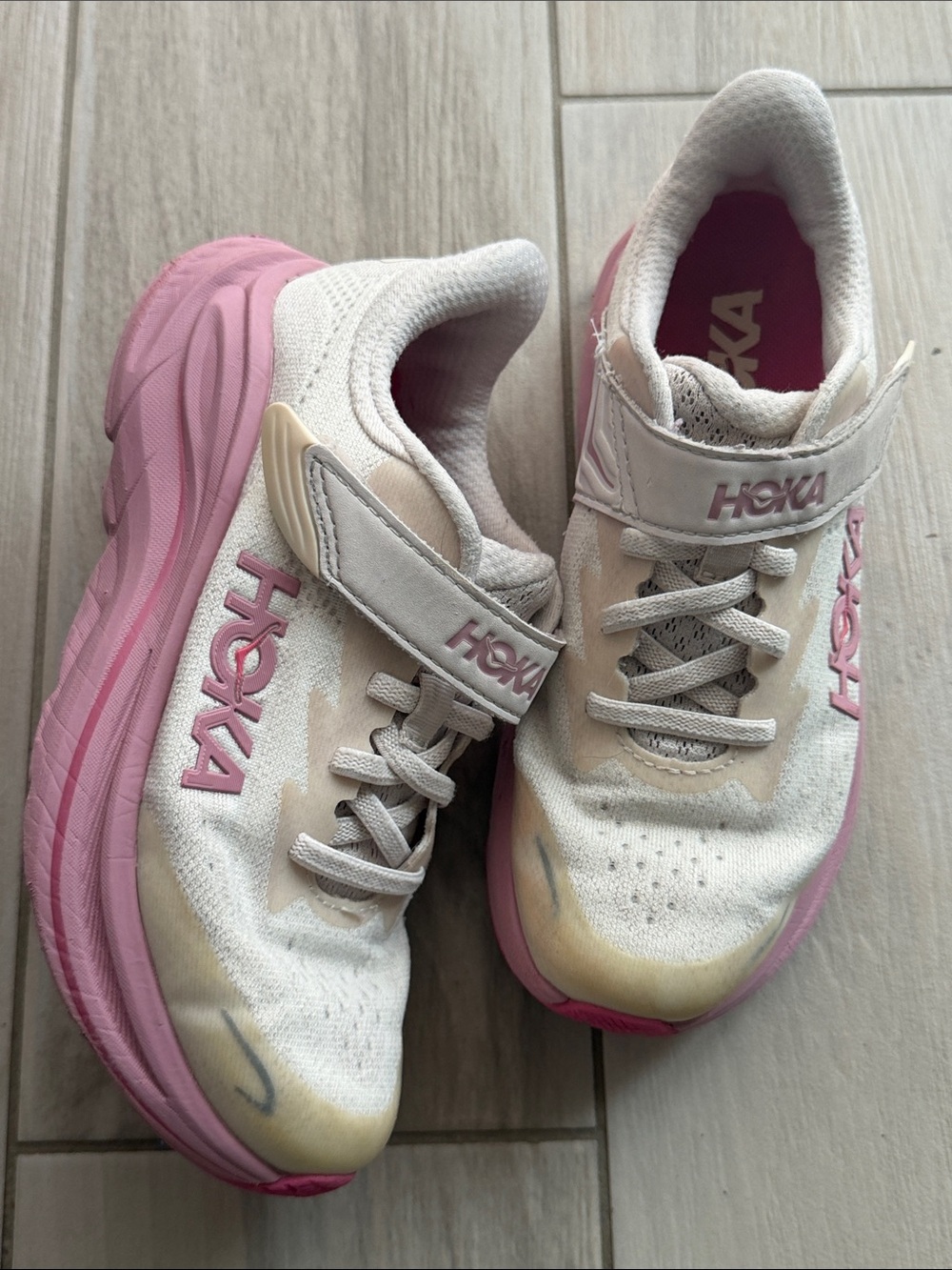 Hoka Kids White and Pink Velcro Athletic Sneakers